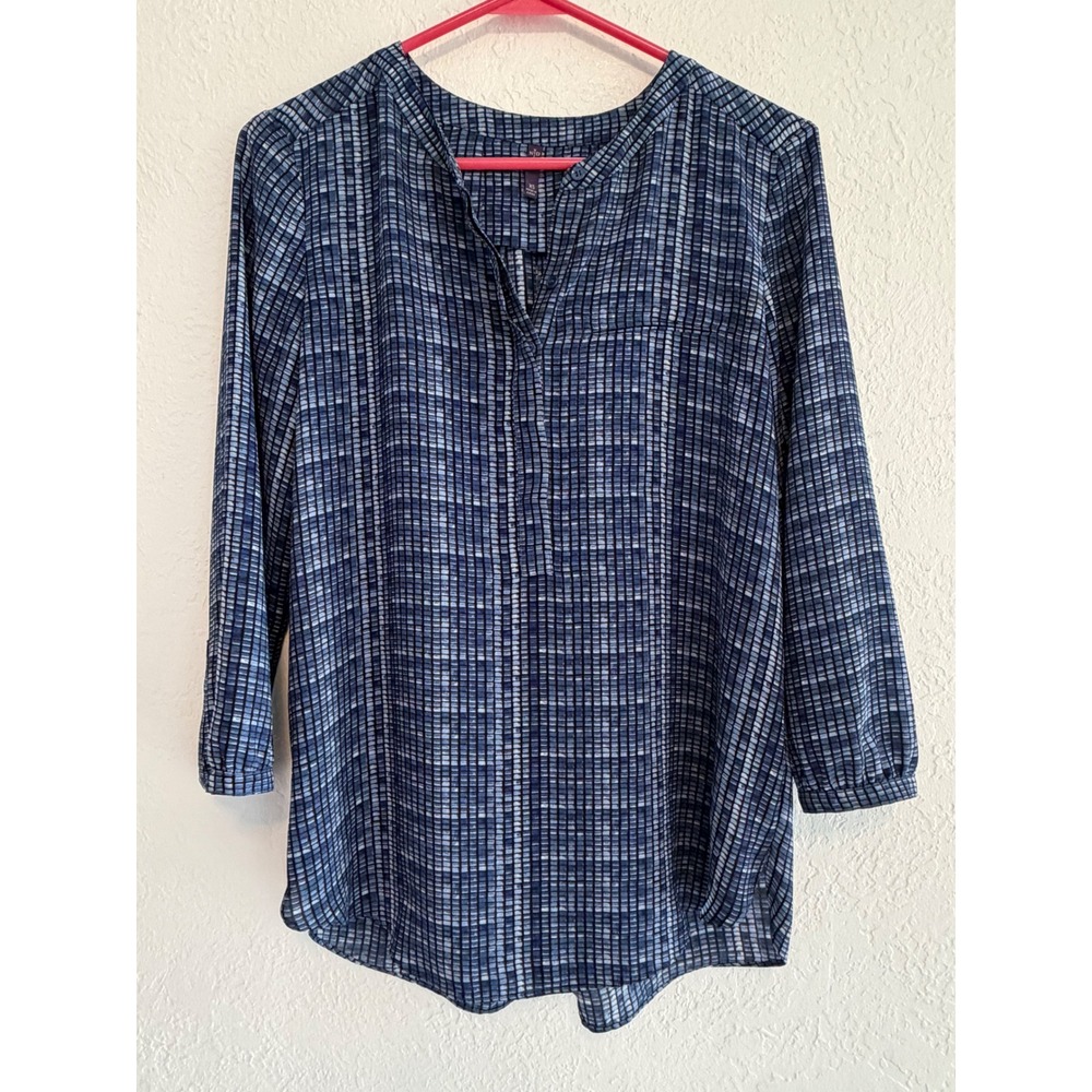 NYDJ Womens Blue White Geometric Grid Print Long Sleeve Button Blouse XS